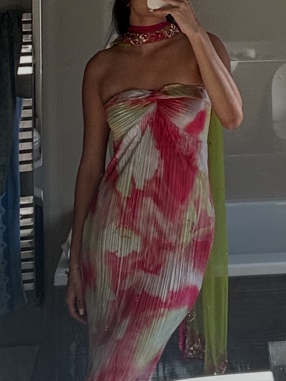Strapless Pink & Green Pleated Maxi Dress